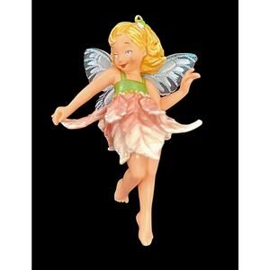 2007 Poinsettia Fairy Hallmark Ornament Light Pink Green Blue Sparkle Wings CL28